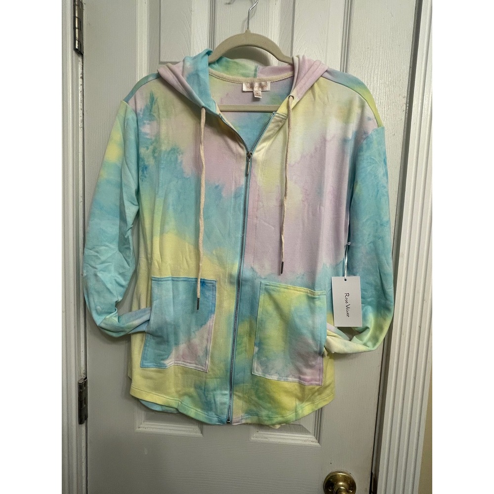 Rose Velvet Womens Pastel Tie Dye 2 Piece Set Zip Up Hoodie Biker Shorts Small